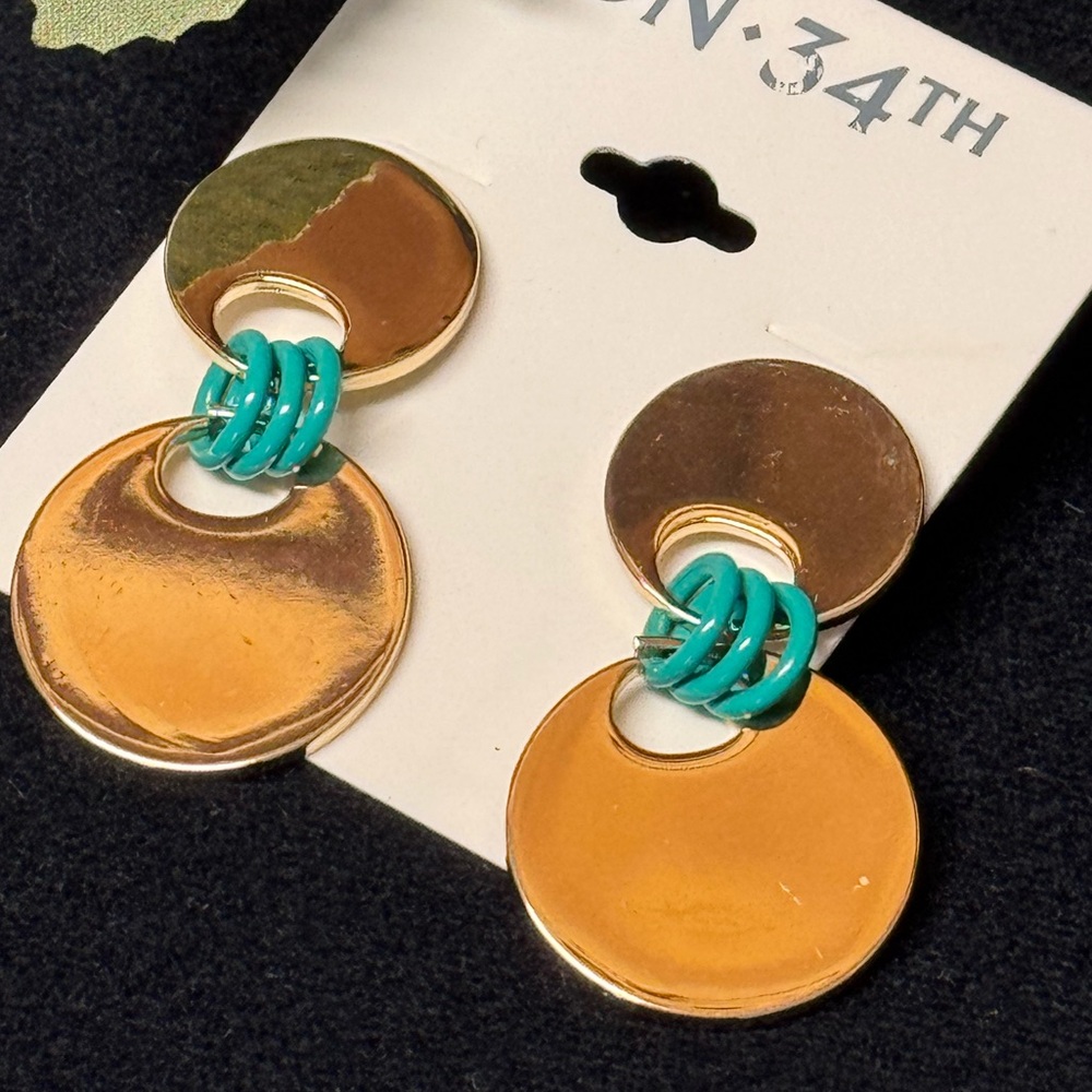 ON 34th Gold and Blue Circle Earrings 2 inch